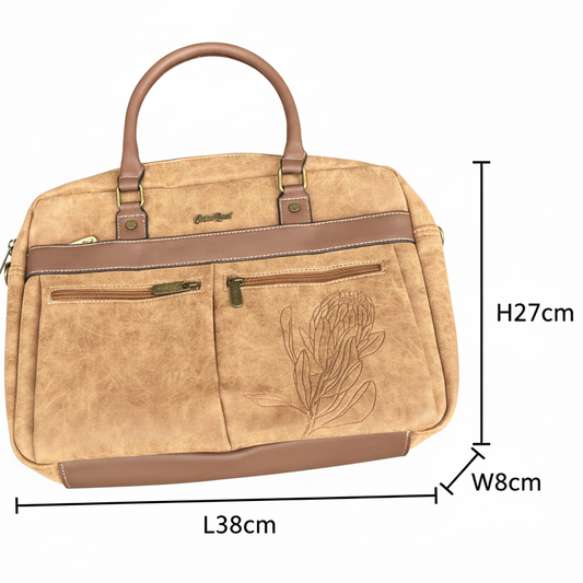Cotton Road Laptop Bag: BROWN PU Leather Laptop Bag with Embossed Protea sized