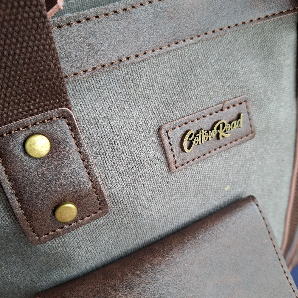 Cotton Road Messenger Tote Bag: GREY CANVAS with Leather Trim and Adjustable Sling BRANDING