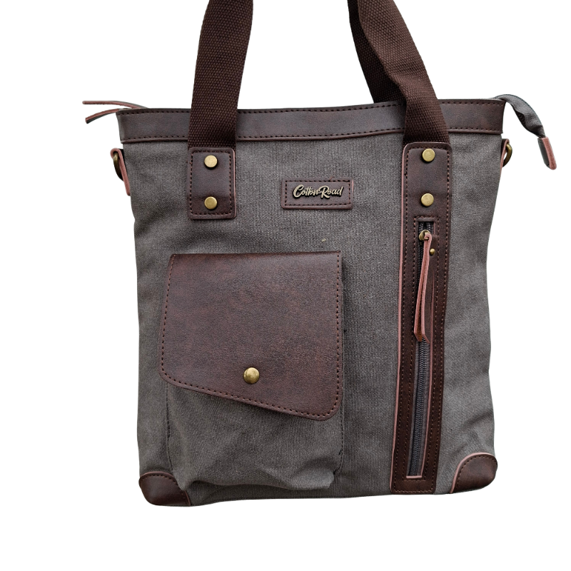 Cotton Road Messenger Tote Bag: GREY CANVAS with Leather Trim and Adjustable Sling FRONT