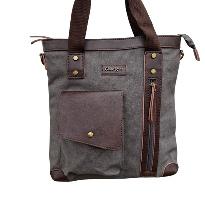 Cotton Road Messenger Tote Bag: GREY CANVAS with Leather Trim and Adjustable Sling FRONT