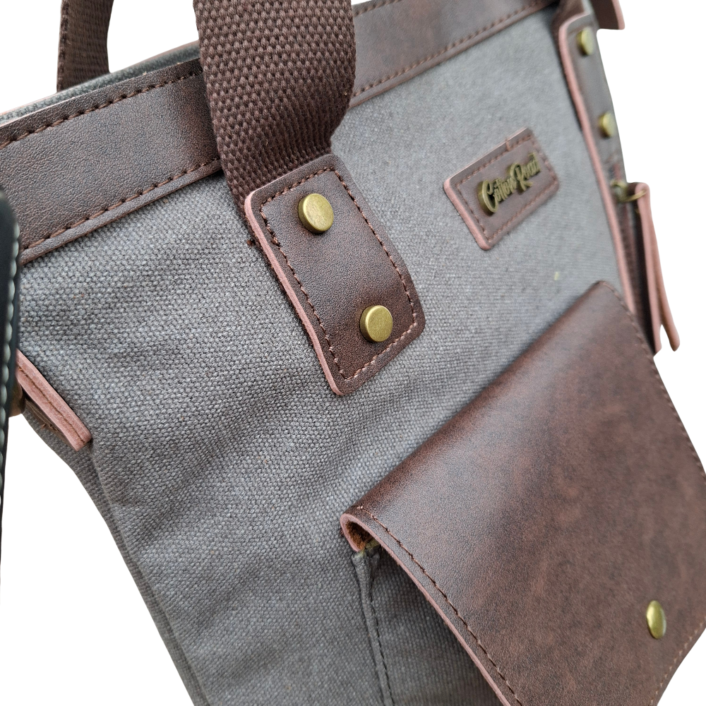 Cotton Road Messenger Tote Bag: GREY CANVAS with Leather Trim and Adjustable Sling FRONT POCKET VIEW