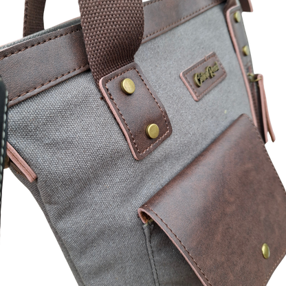 Cotton Road Messenger Tote Bag: GREY CANVAS with Leather Trim and Adjustable Sling FRONT POCKET VIEW