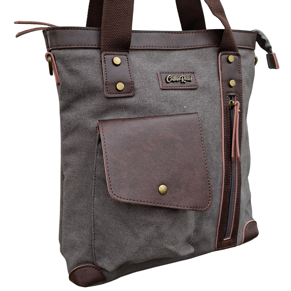 Cotton Road Messenger Tote Bag: GREY CANVAS with Leather Trim and Adjustable Sling FRONT ZOOM VIEW