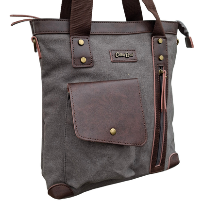 Cotton Road Messenger Tote Bag: GREY CANVAS with Leather Trim and Adjustable Sling FRONT ZOOM VIEW