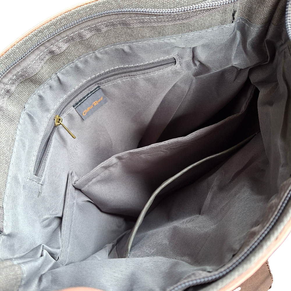 Cotton Road Messenger Tote Bag: GREY CANVAS with Leather Trim and Adjustable Sling INNER