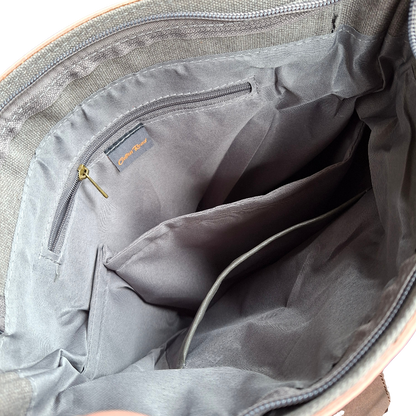 Cotton Road Messenger Tote Bag: GREY CANVAS with Leather Trim and Adjustable Sling INNER