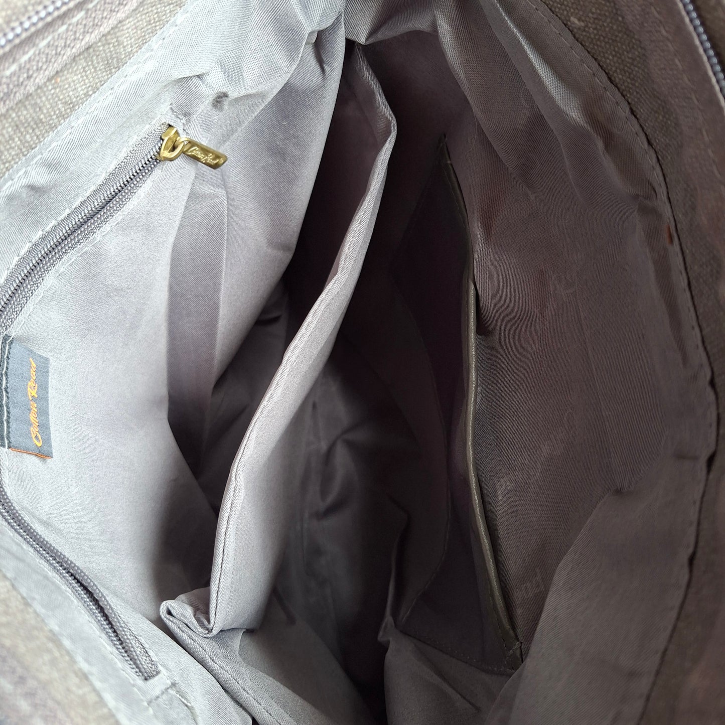 Cotton Road Messenger Tote Bag: GREY CANVAS with Leather Trim and Adjustable Sling INSIDE VIEW