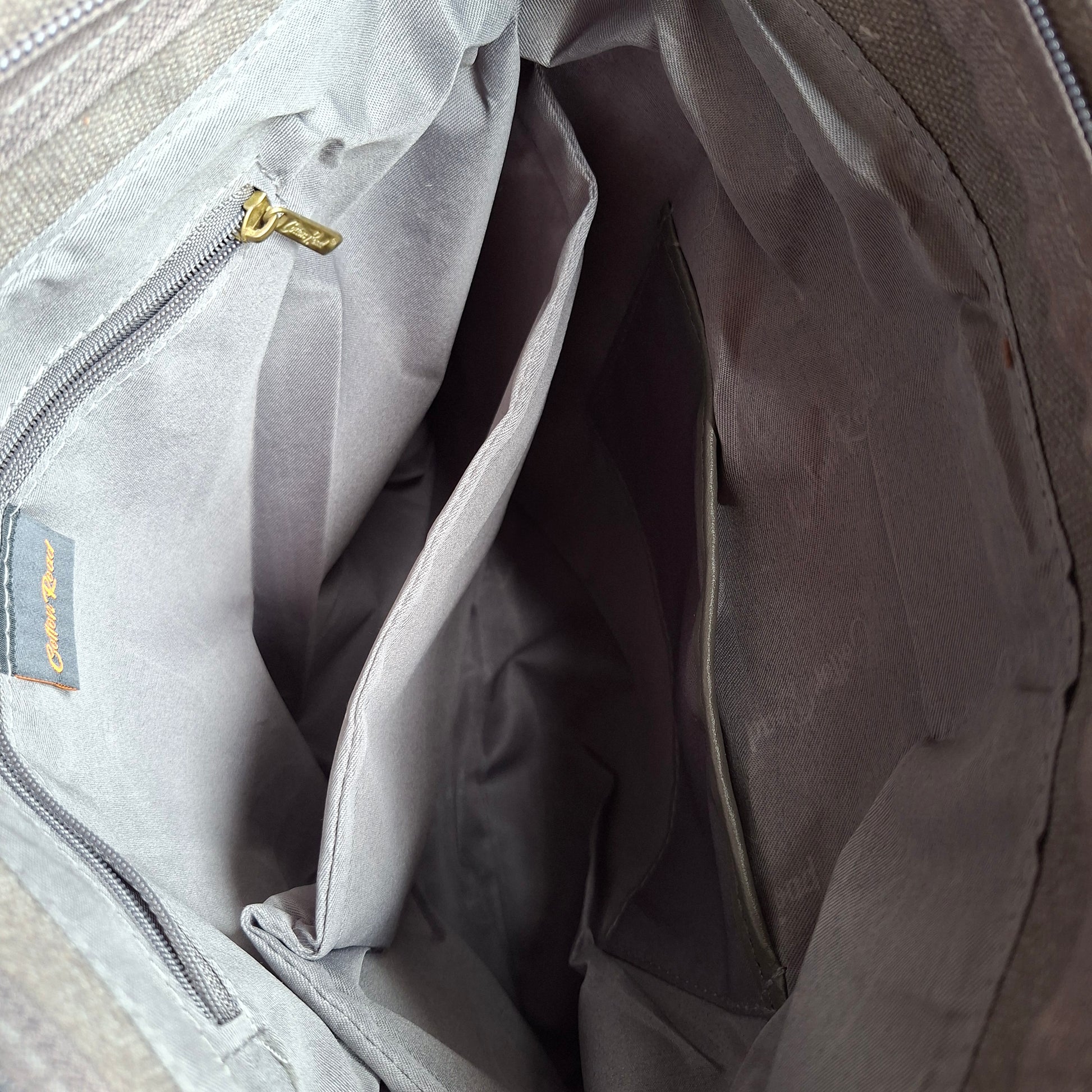 Cotton Road Messenger Tote Bag: GREY CANVAS with Leather Trim and Adjustable Sling INSIDE VIEW