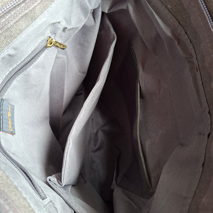 Cotton Road Messenger Tote Bag: GREY CANVAS with Leather Trim and Adjustable Sling INSIDE VIEW