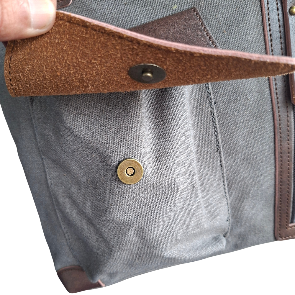 Cotton Road Messenger Tote Bag: GREY CANVAS with Leather Trim and Adjustable Sling MAGNETIC CLIP