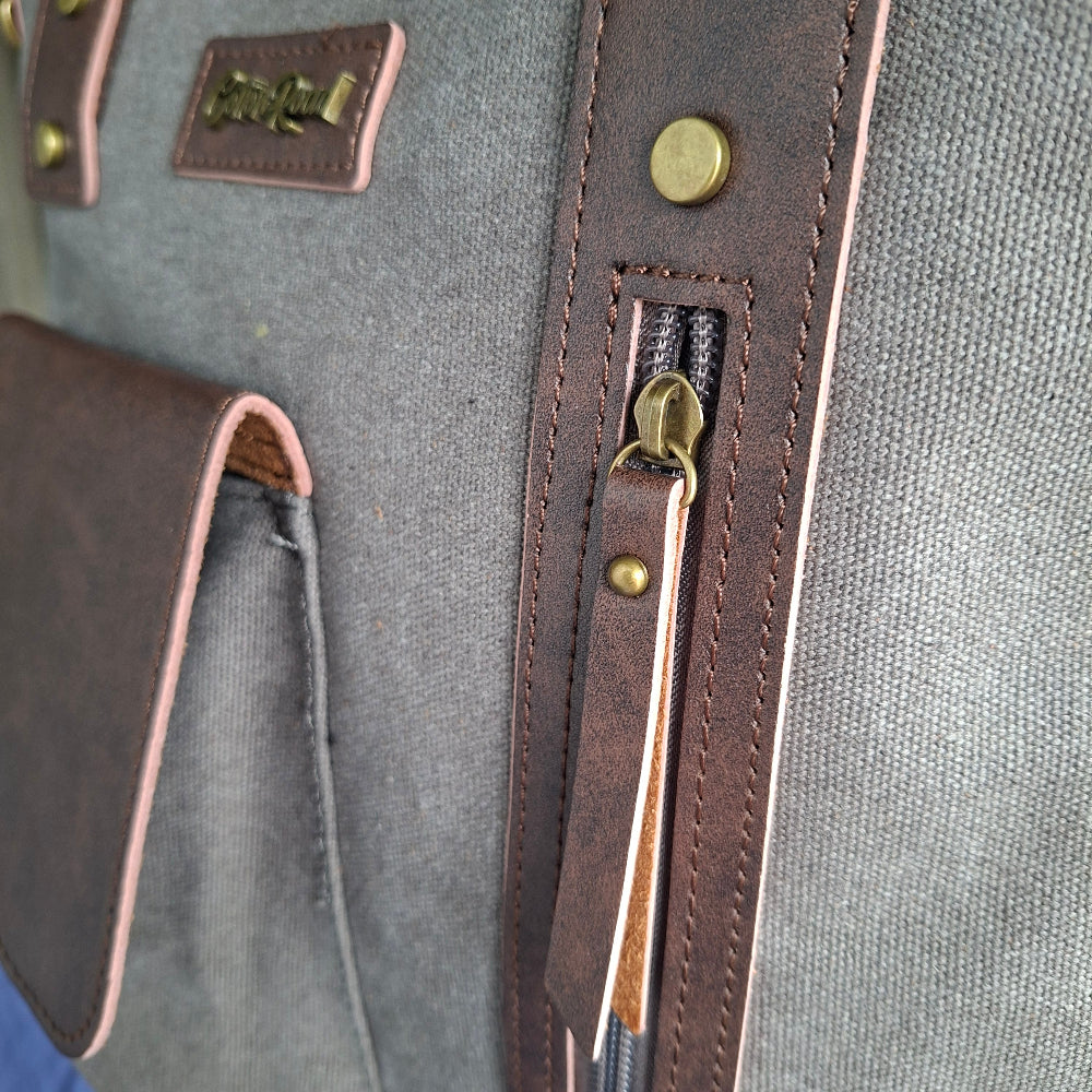 Cotton Road Messenger Tote Bag: GREY CANVAS with Leather Trim and Adjustable Sling NEAR DETAIL