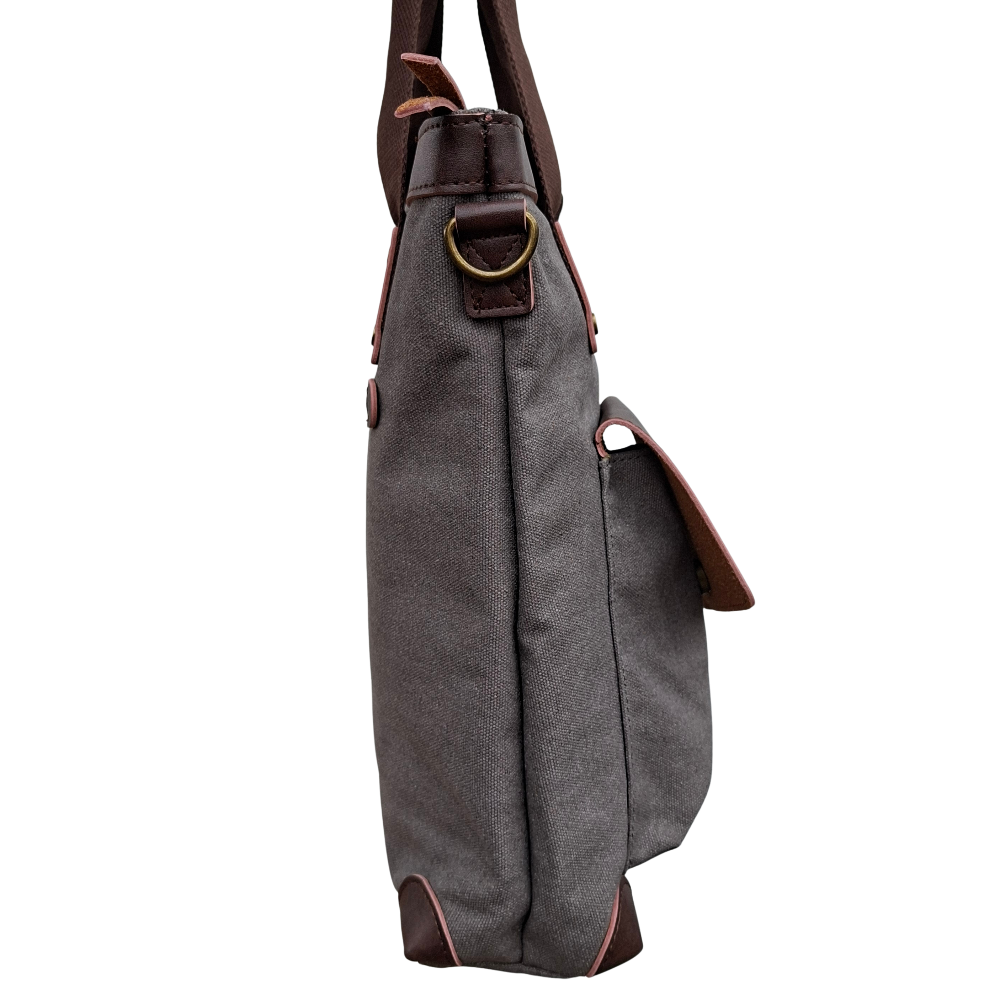 Cotton Road Messenger Tote Bag: GREY CANVAS with Leather Trim and Adjustable Sling SIDE VIEW