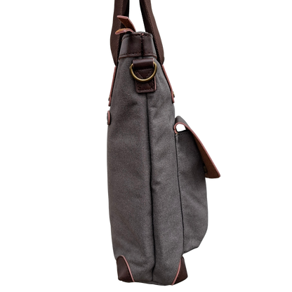 Cotton Road Messenger Tote Bag: GREY CANVAS with Leather Trim and Adjustable Sling SIDE VIEW