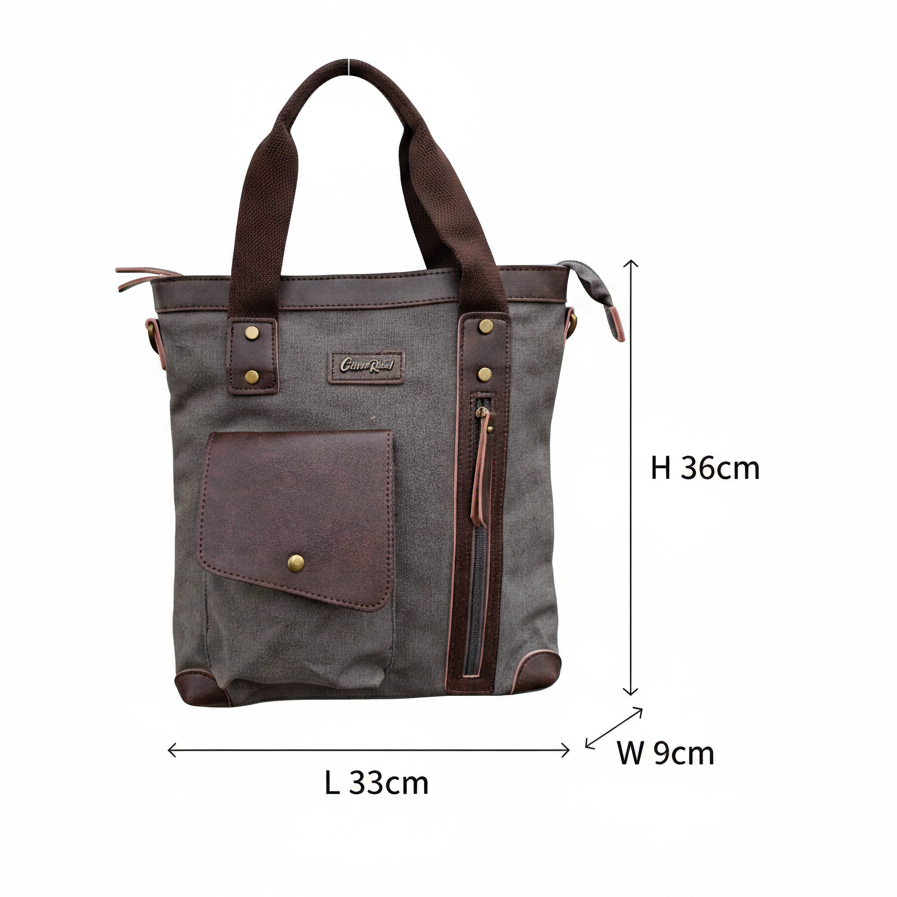 Cotton Road Messenger Tote Bag: GREY CANVAS with Leather Trim and Adjustable Sling SIZE