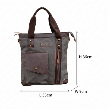 Cotton Road Messenger Tote Bag: GREY CANVAS with Leather Trim and Adjustable Sling SIZE