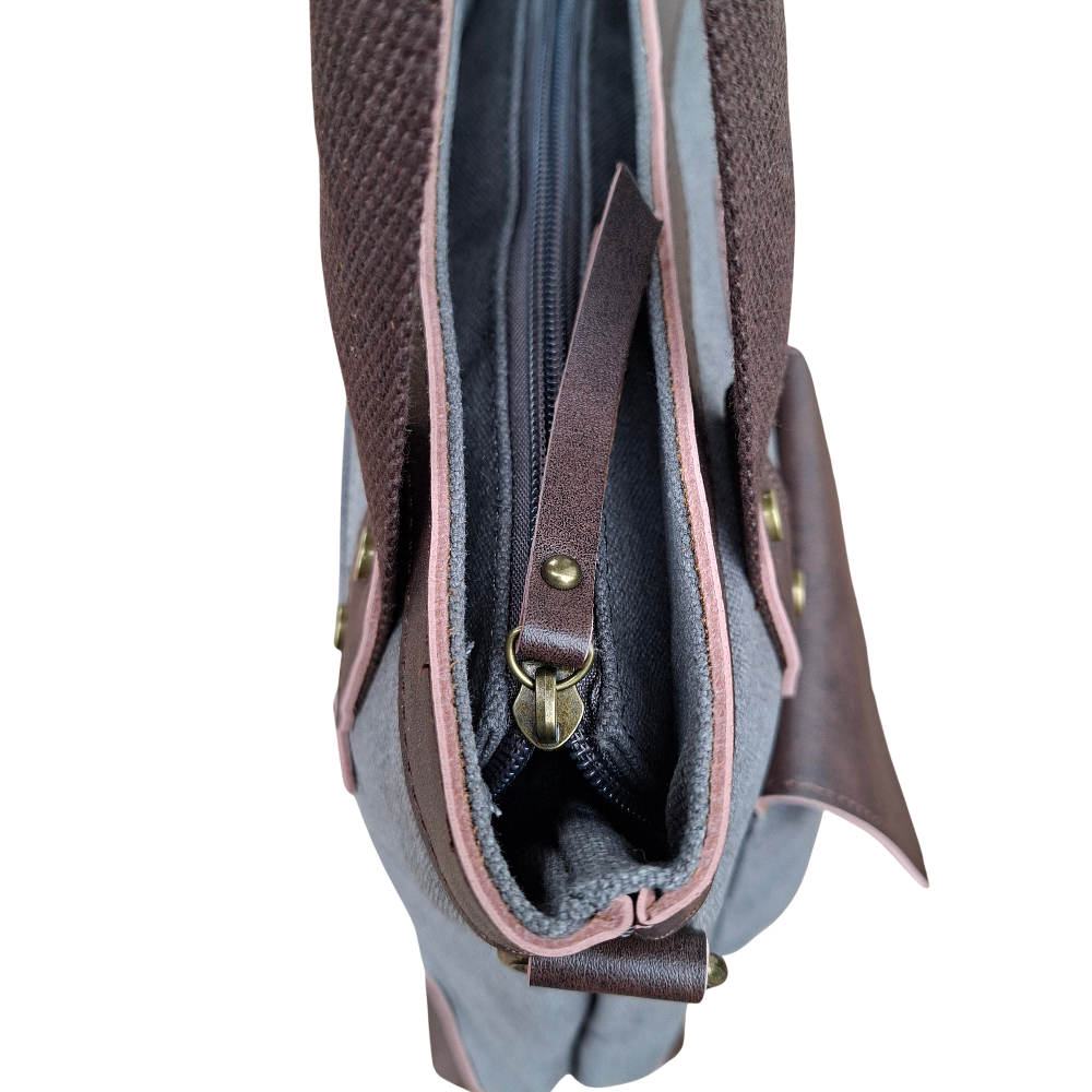 Cotton Road Messenger Tote Bag: GREY CANVAS with Leather Trim and Adjustable Sling TOP VIEW