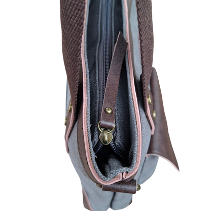 Cotton Road Messenger Tote Bag: GREY CANVAS with Leather Trim and Adjustable Sling TOP VIEW