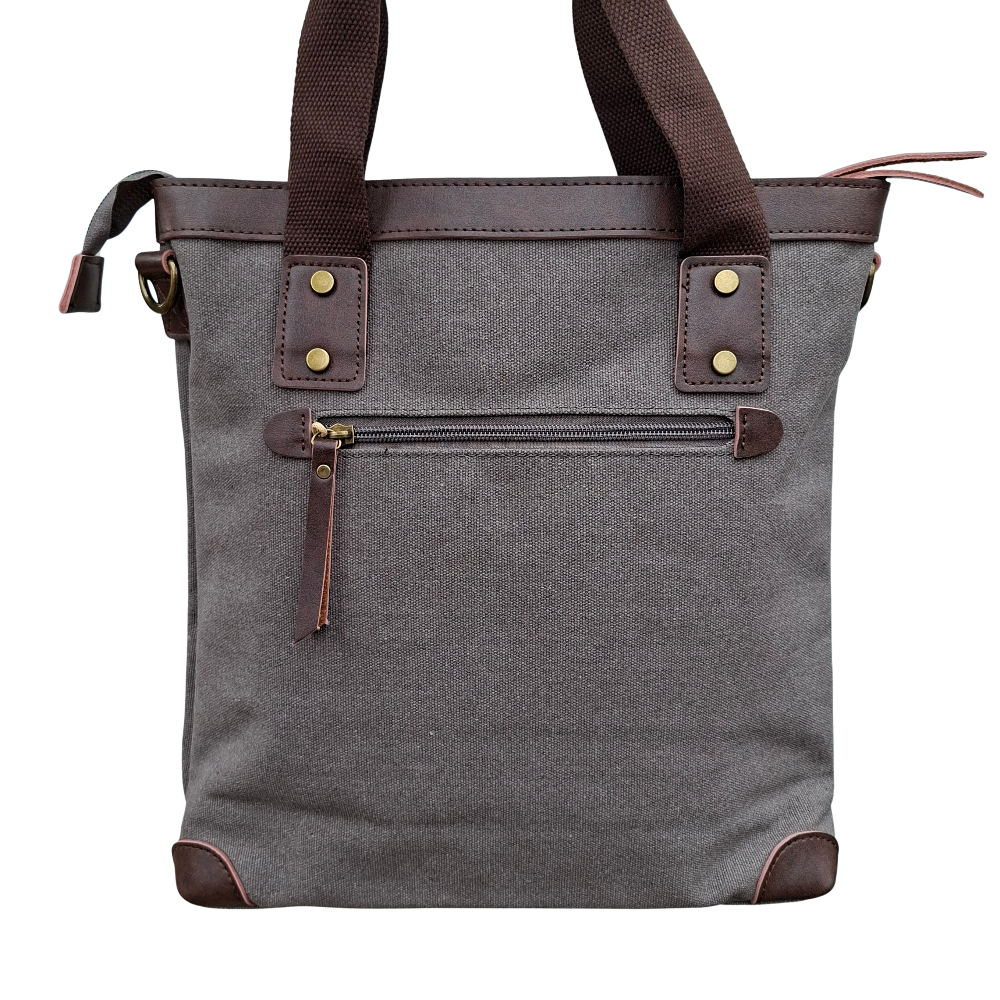 Cotton Road Messenger Tote Bag: GREY CANVAS with Leather Trim and Adjustable Sling VIEW