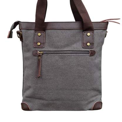 Cotton Road Messenger Tote Bag: GREY CANVAS with Leather Trim and Adjustable Sling VIEW