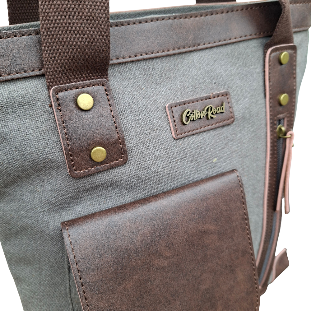 Cotton Road Messenger Tote Bag: GREY CANVAS with Leather Trim and Adjustable Sling ZOOM