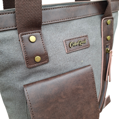Cotton Road Messenger Tote Bag: GREY CANVAS with Leather Trim and Adjustable Sling ZOOM