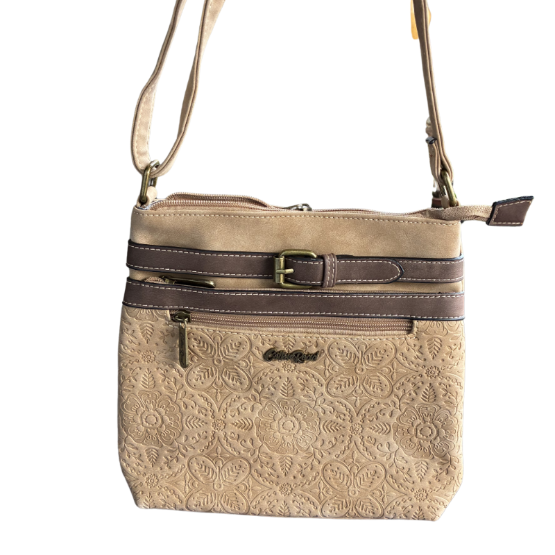 Cotton Road Sling Bag: BEIGE PU Leather Crossbody with Embossed Pattern FRONT