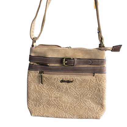 Cotton Road Sling Bag: BEIGE PU Leather Crossbody with Embossed Pattern FRONT