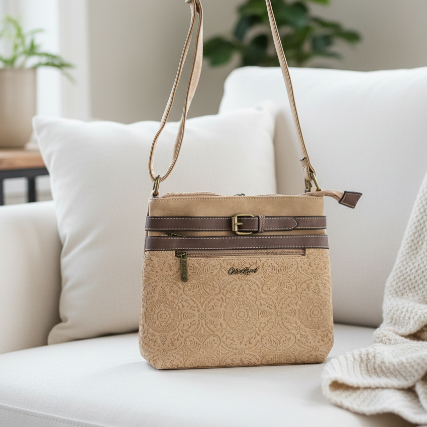 Cotton Road Sling Bag: BEIGE PU Leather Crossbody with Embossed Pattern LIFESTYLE