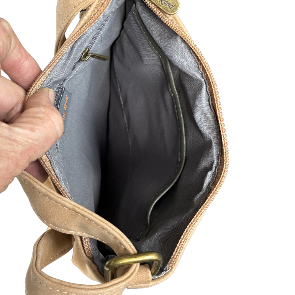 Cotton Road Sling Bag: BEIGE PU Leather Crossbody with Embossed Pattern OPEN