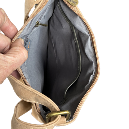Cotton Road Sling Bag: BEIGE PU Leather Crossbody with Embossed Pattern OPEN