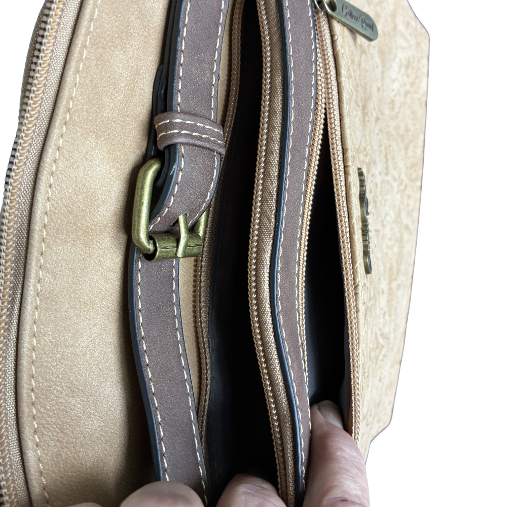 Cotton Road Sling Bag: BEIGE PU Leather Crossbody with Embossed Pattern OPEN POCKETS