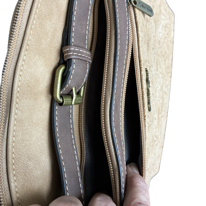 Cotton Road Sling Bag: BEIGE PU Leather Crossbody with Embossed Pattern OPEN POCKETS