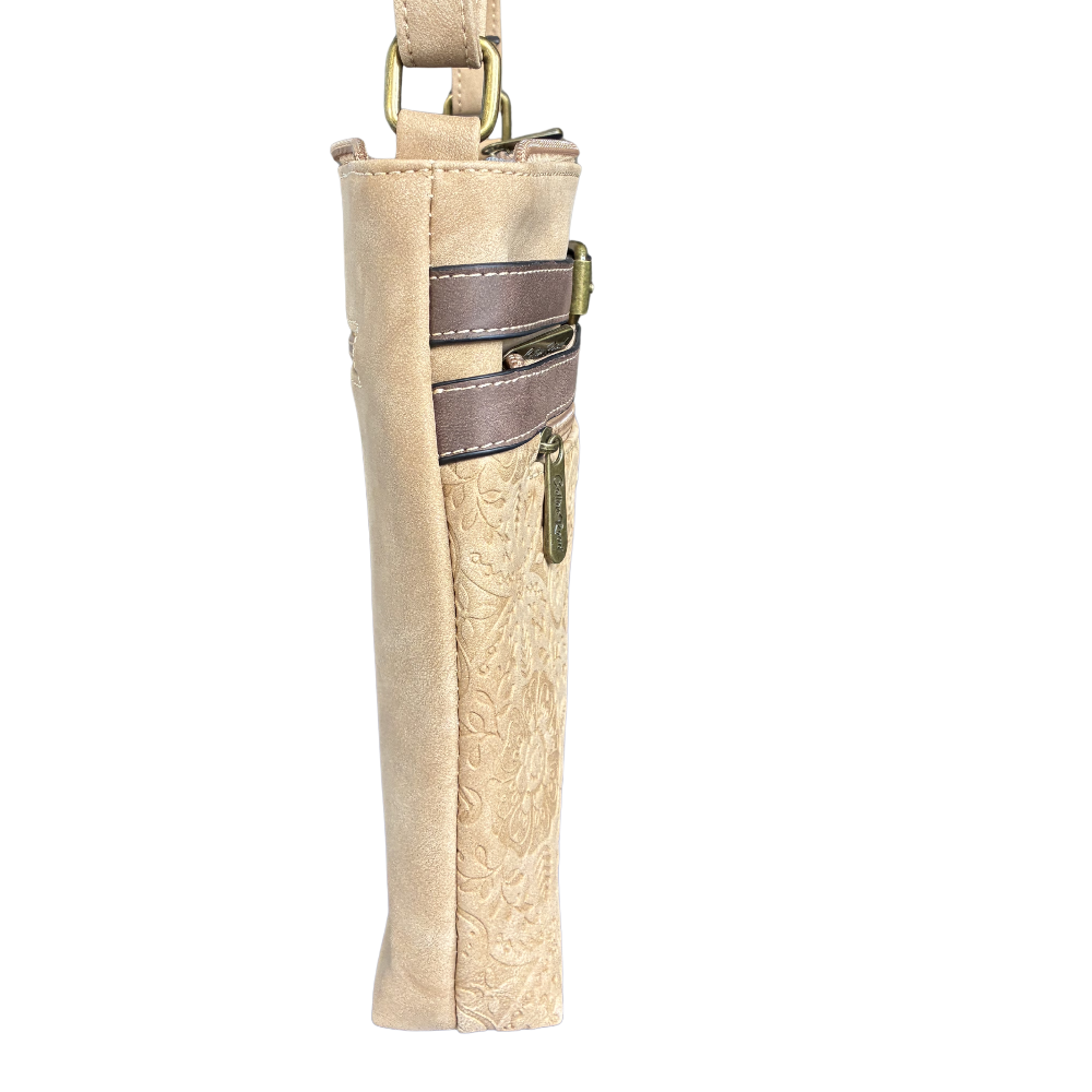 Cotton Road Sling Bag: BEIGE PU Leather Crossbody with Embossed Pattern SIDE
