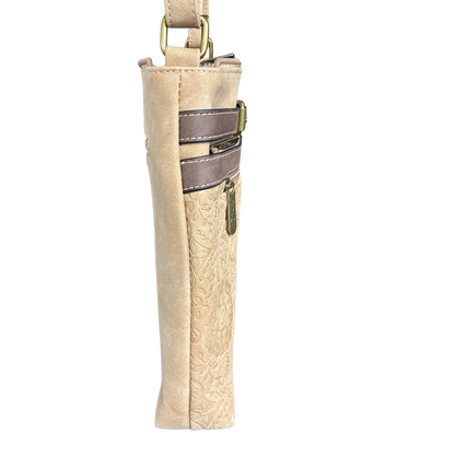 Cotton Road Sling Bag: BEIGE PU Leather Crossbody with Embossed Pattern SIDE