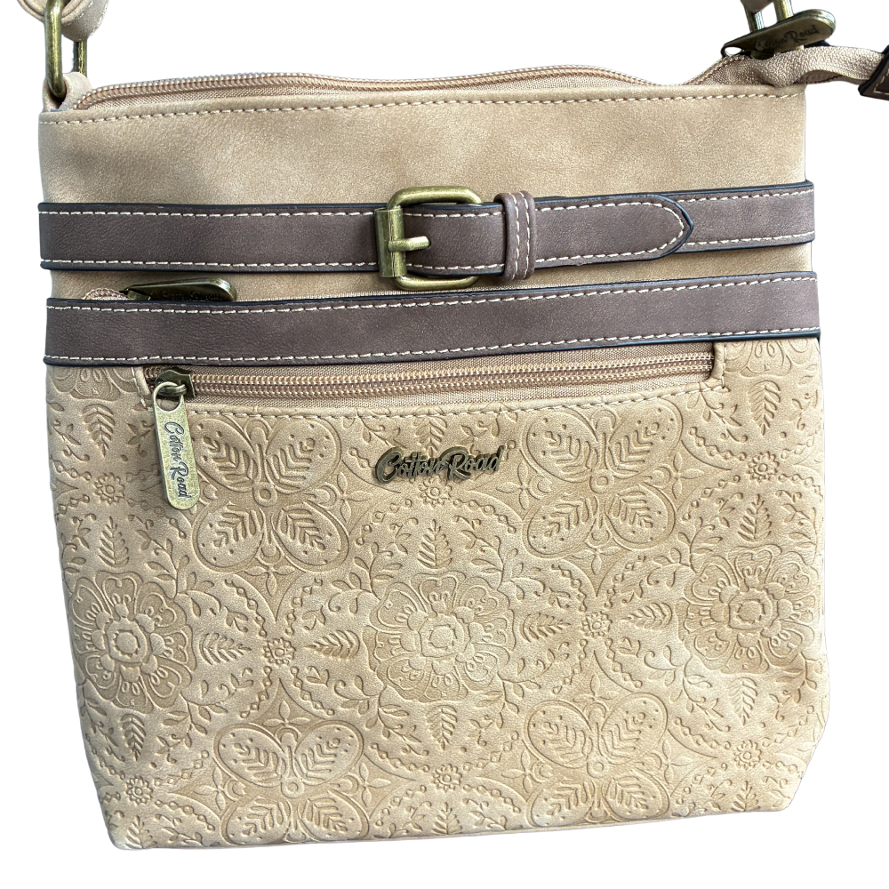 Cotton Road Sling Bag: BEIGE PU Leather Crossbody with Embossed Pattern ZOOM