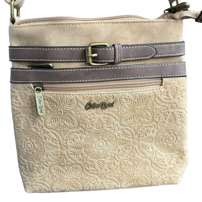 Cotton Road Sling Bag: BEIGE PU Leather Crossbody with Embossed Pattern ZOOM