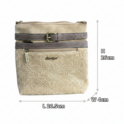 Cotton Road Sling Bag: BEIGE PU Leather Crossbody with Embossed Pattern