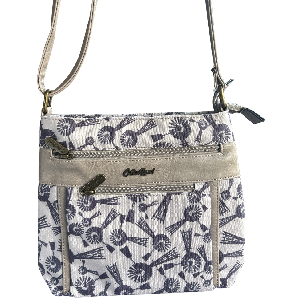 Cotton Road Sling Bag: BEIGE WINDMILL PRINT Canvas with PU Leather Trim BAG front