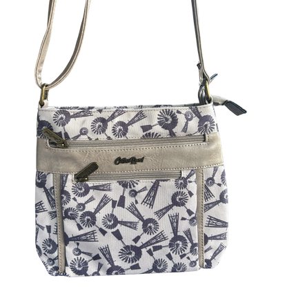 Cotton Road Sling Bag: BEIGE WINDMILL PRINT Canvas with PU Leather Trim BAG front