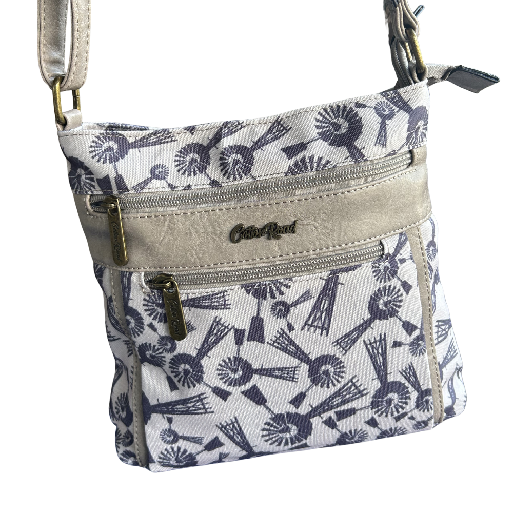 Cotton Road Sling Bag: BEIGE WINDMILL PRINT Canvas with PU Leather Trim BAG front view