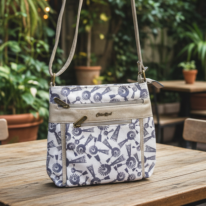 Cotton Road Sling Bag: BEIGE WINDMILL PRINT Canvas with PU Leather Trim BAG lifestyle
