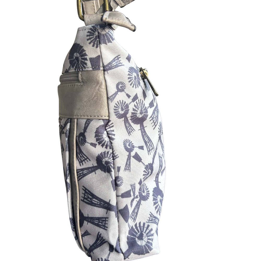 Cotton Road Sling Bag: BEIGE WINDMILL PRINT Canvas with PU Leather Trim BAG side closed view