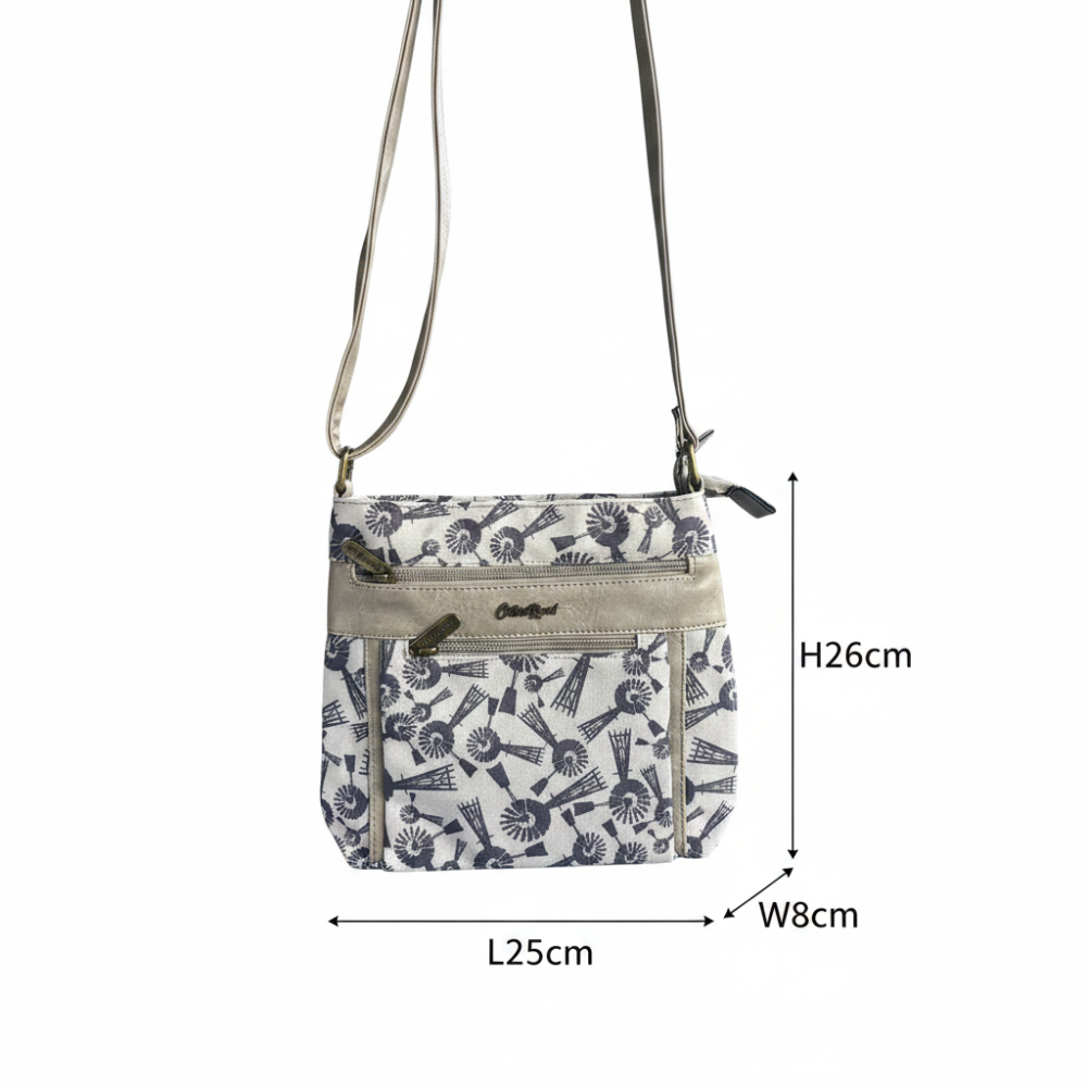Cotton Road Sling Bag: BEIGE WINDMILL PRINT Canvas with PU Leather Trim BAG size