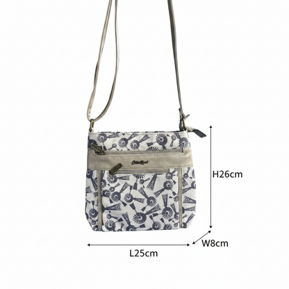 Cotton Road Sling Bag: BEIGE WINDMILL PRINT Canvas with PU Leather Trim BAG size