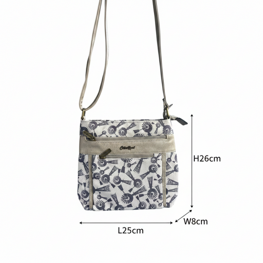 Cotton Road Sling Bag: BEIGE WINDMILL PRINT Canvas with PU Leather Trim BAG size