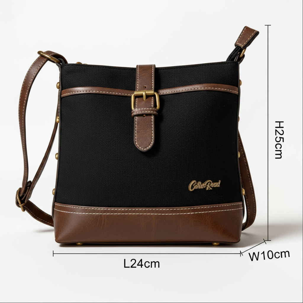 Cotton Road Sling Bag: BLACK Canvas and PU Leather Casual Bag SIZE