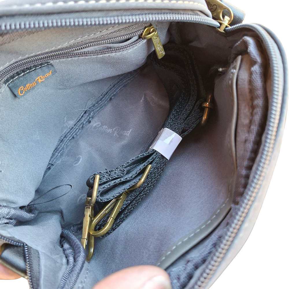 Cotton Road Sling Bag: BLACK Mini Crossbody with Branded Strap INSIDE