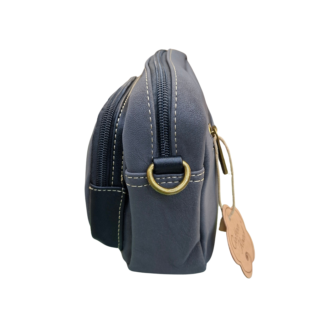 Cotton Road Sling Bag: BLACK Mini Crossbody with Branded Strap SIDE VIEW