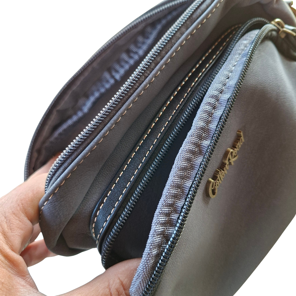 Cotton Road Sling Bag: BLACK Mini Crossbody with Branded Strap TOP ZIPPS OPEN