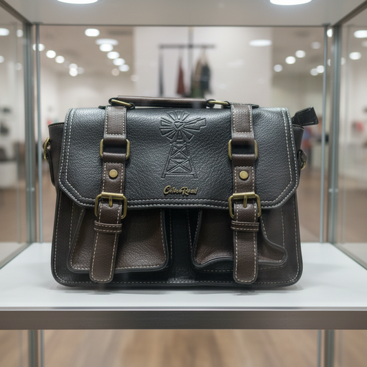 Cotton Road Sling Bag: BLACK PU Leather Bag with brown Trim and embossed Windmill